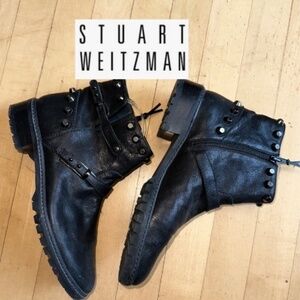 Stuart Weitzman Black Leather Gowest moto bootie, 7.5  CB2501